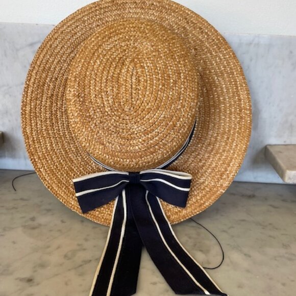 LAURA ASHLEY Vintage Straw Boater Hat with Navy White Ribbon Accent OS - Picture 4 of 16